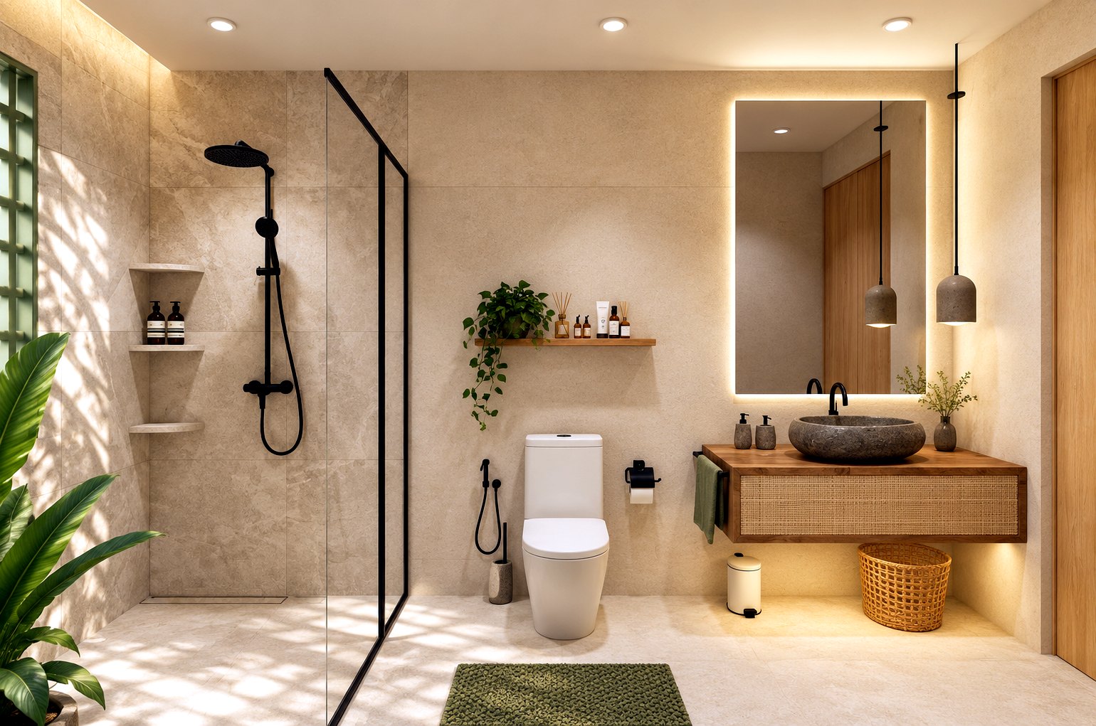 Villa Eden bathroom, black fittings