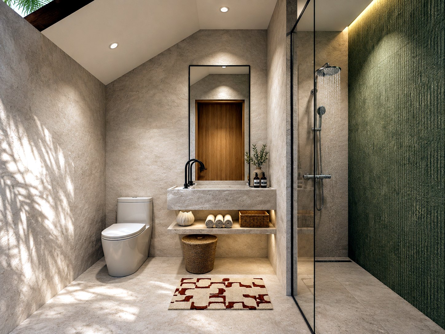 Villa Oasis bathroom, pitched ceiling